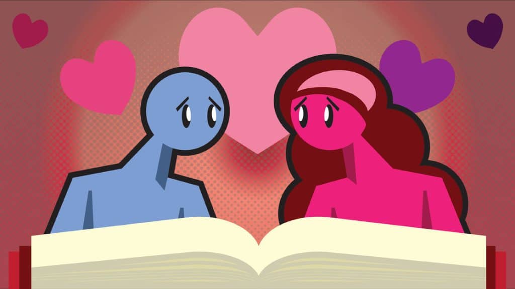 Illustration of a male character in blue and a female character in pink, looking at each other with love, surrounded by hearts on a pink gradient background.