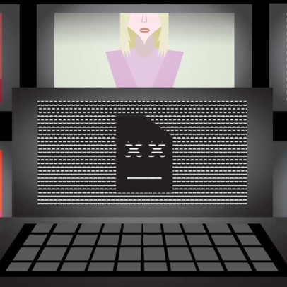 Graphic of glitched computer on table, fuzzy TVs in the background with unidentifiable figures.