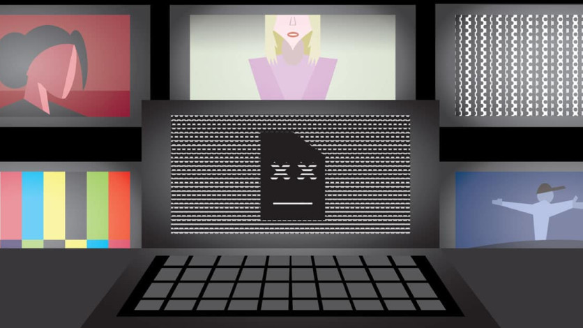 Graphic of glitched computer on table, fuzzy TVs in the background with unidentifiable figures.