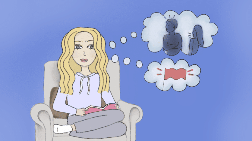 Girl thinking about red flags and relationships while reading
