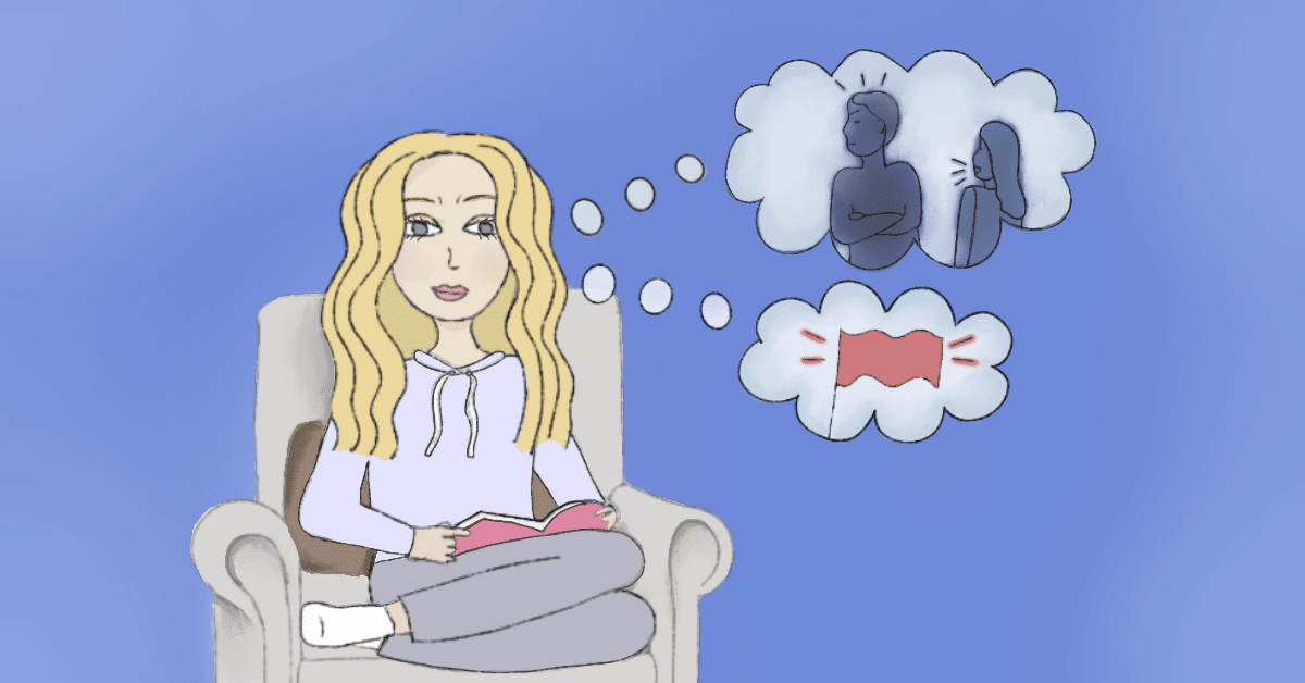 Girl thinking about red flags and relationships while reading