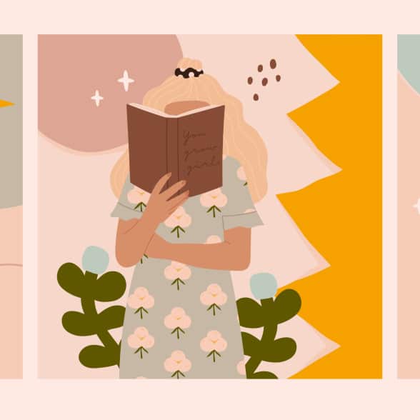 Three girls reading books for women's history month.