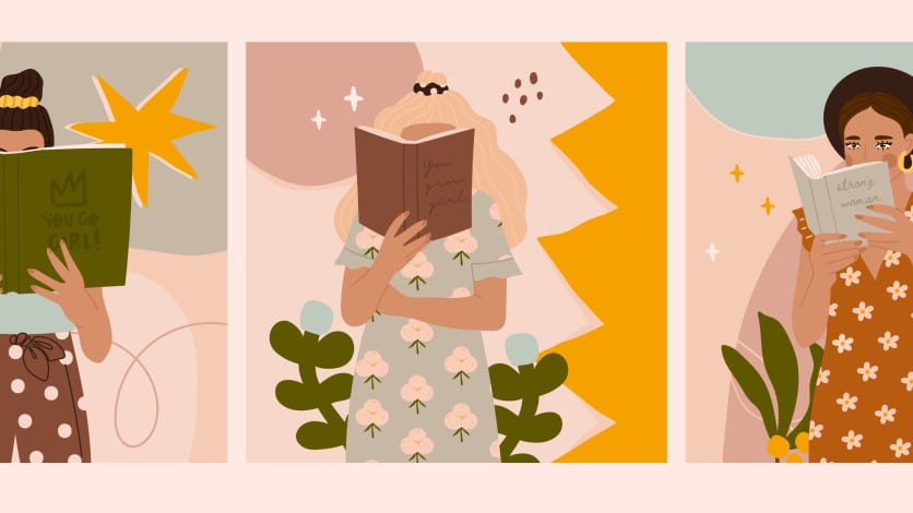 Three girls reading books for women's history month.
